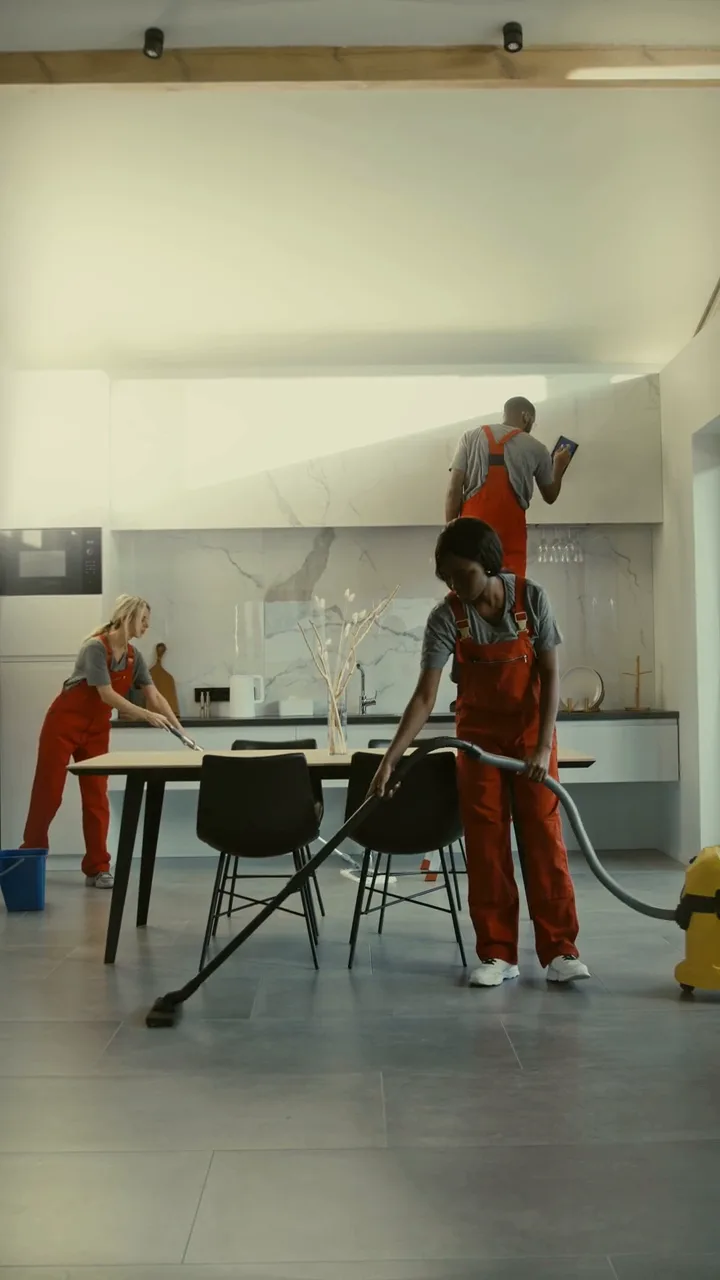 A cleaning crew in orange overalls vacuums the floor and wipes down an office kitchen and dining area.