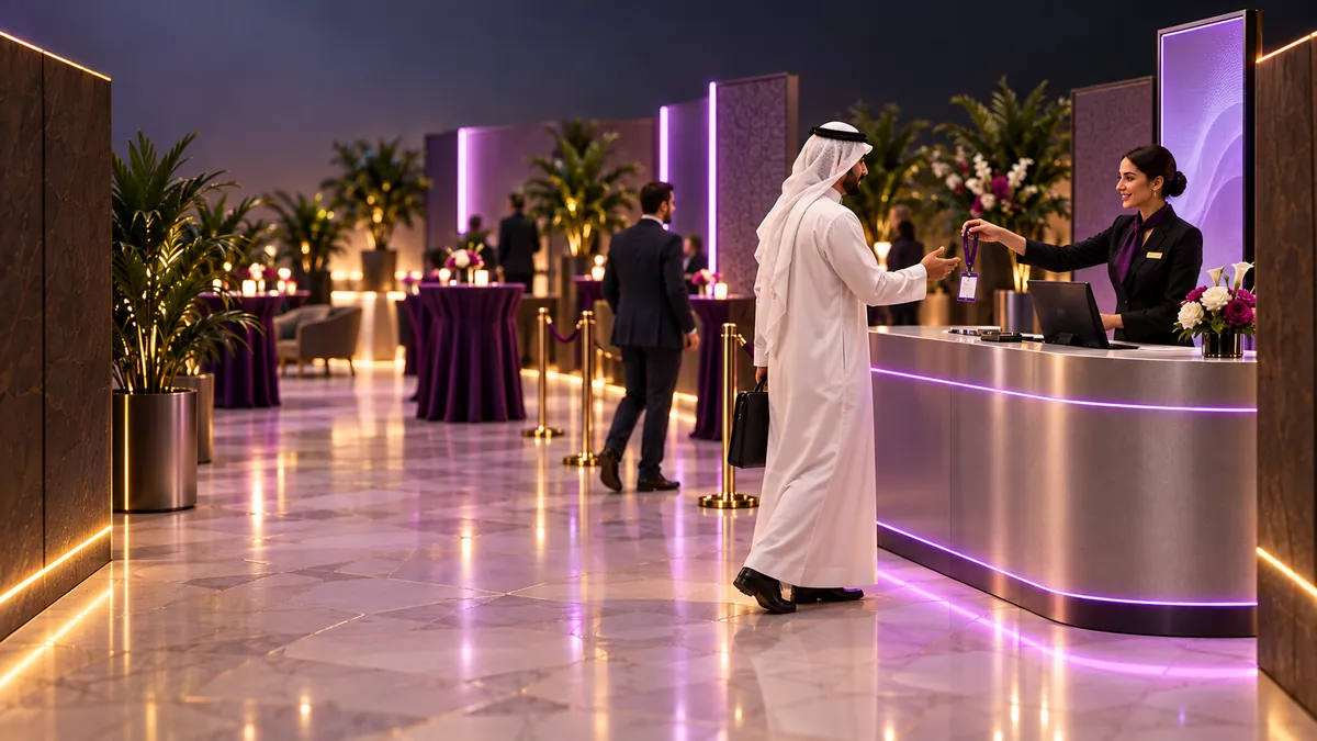 An event host frozen while handing a lanyard to a guest, the ribbon curved in mid-air between their hands.