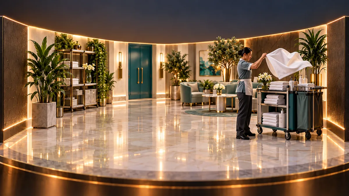 A housekeeping attendant frozen while unfolding fresh linen, the white fabric hanging in the air beside a service trolley.