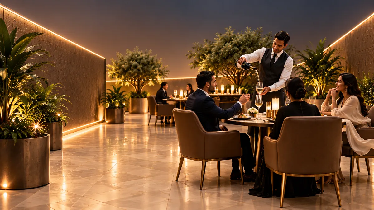 A waiter frozen mid-pour at a candle-lit table, the stream of liquid suspended in the air.