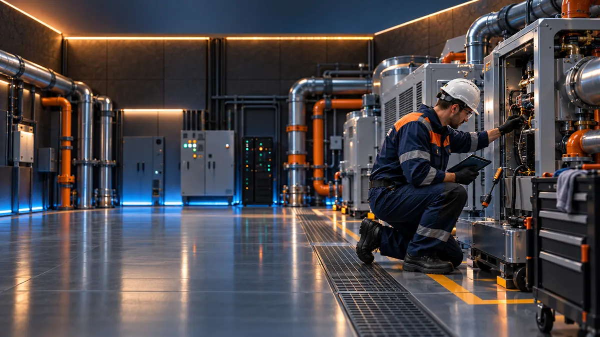 A technician kneeling at an open equipment panel, frozen mid-adjustment with a cable hanging in the air.