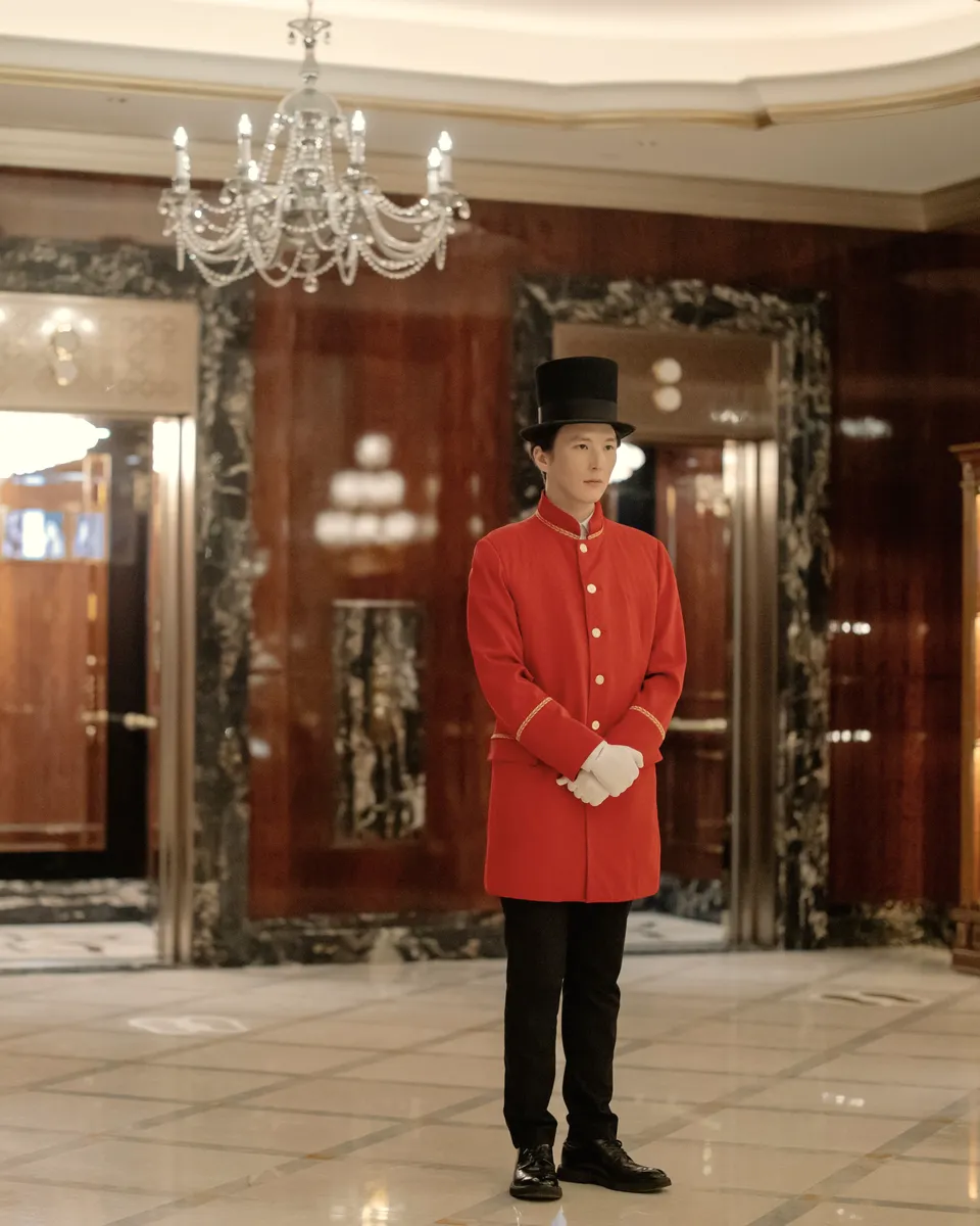 A doorman in a red uniform and white gloves stands ready in a grand hotel lobby.