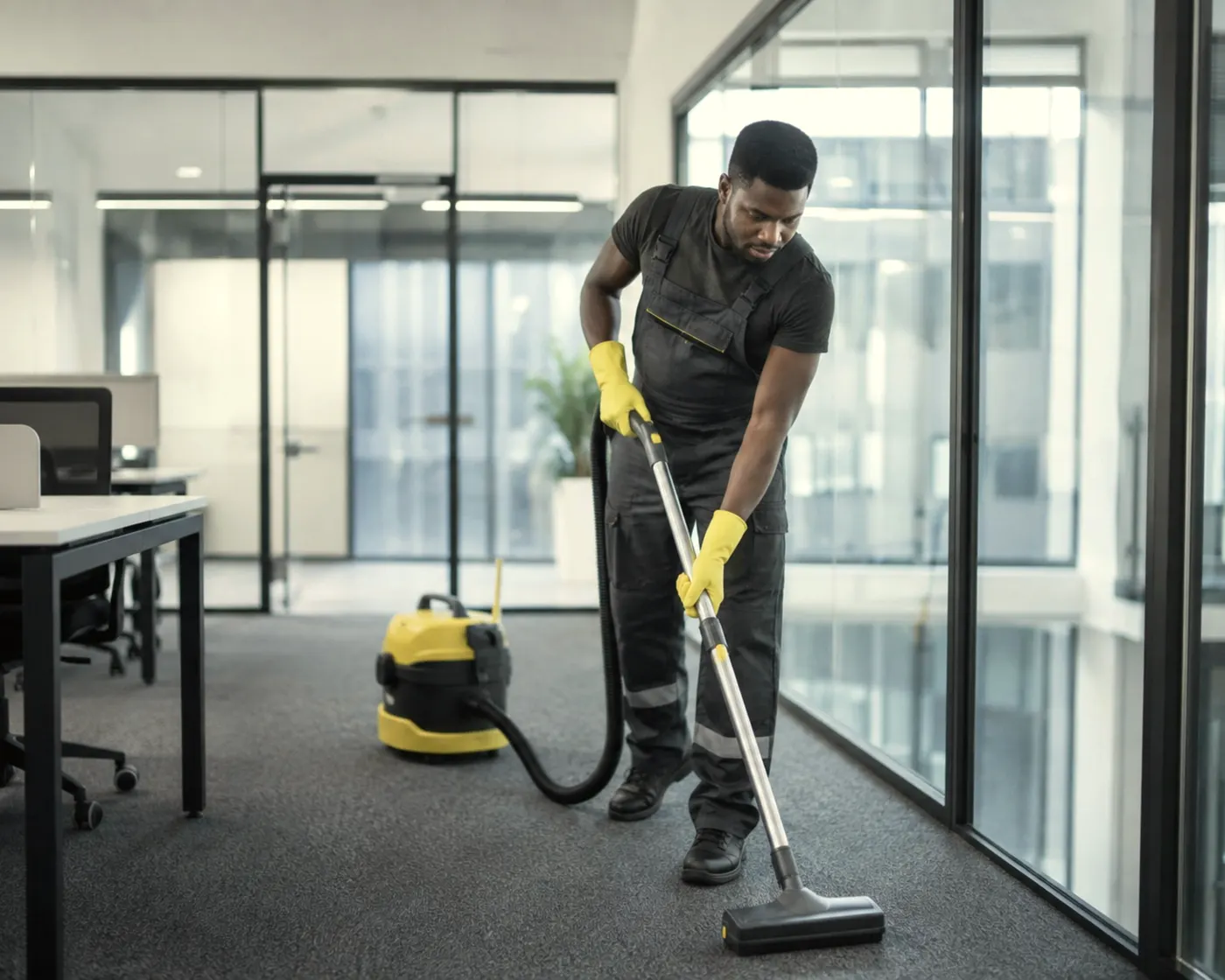 A cleaner vacuums a glass-walled office.